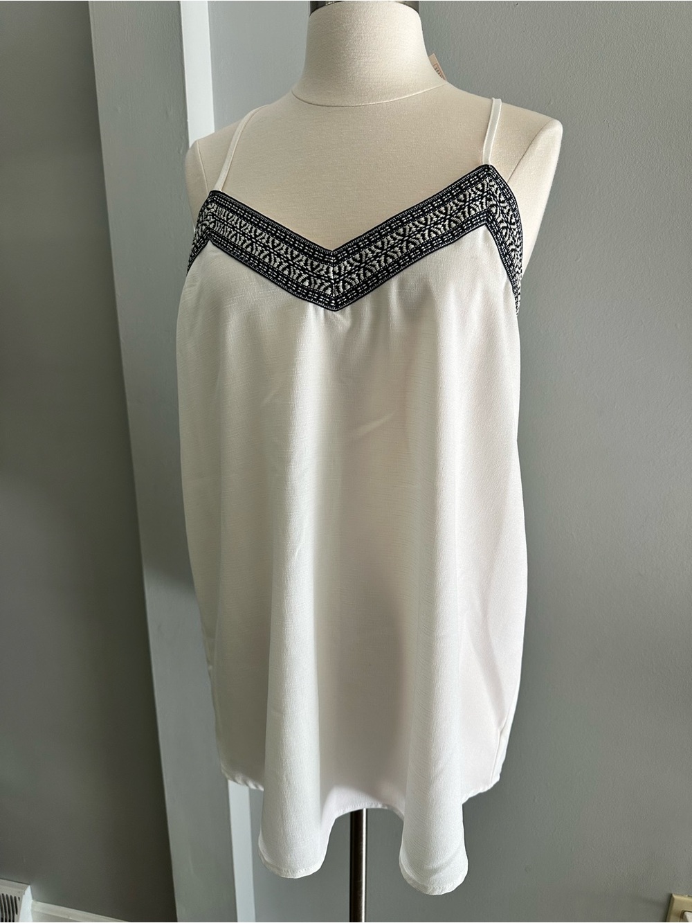 White Spaghetti-Strap Tank with Black Embroidered V-Neck